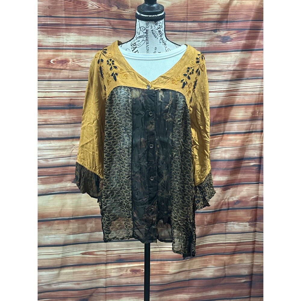 Young Threads Camel Yellow Embroidered Mixed Print Sheer Tunic Top XL TP23379 PL